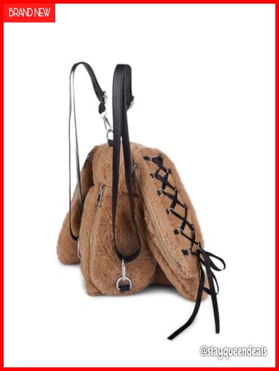 Faux Fur Plush Bunny Backpack with Lace-Up Ribbon Ears, Adjustable Straps, main image 4